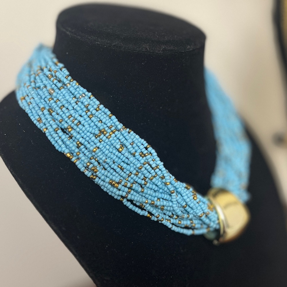 Baby blue, 23 strand, seed bead necklace. Gold focal slide. 18-20” NIP, weighted - Picture 4 of 6